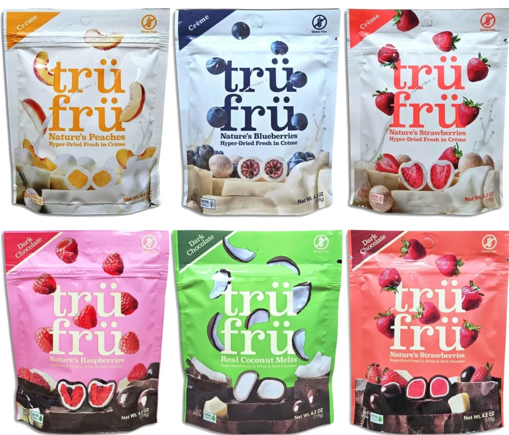 Tru Fru Chocolate Creme Covered Hyper Dried Fresh Fruit Variety Pack Blueberry Coconut Peach Raspber