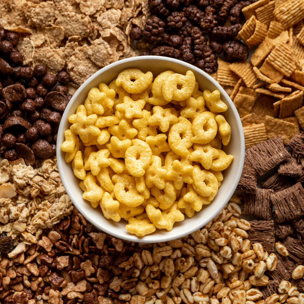 vista superior da variedade de cereais matinais com tigela