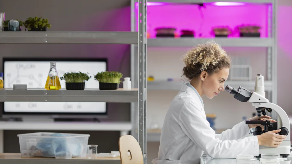 side view female researcher laboratory