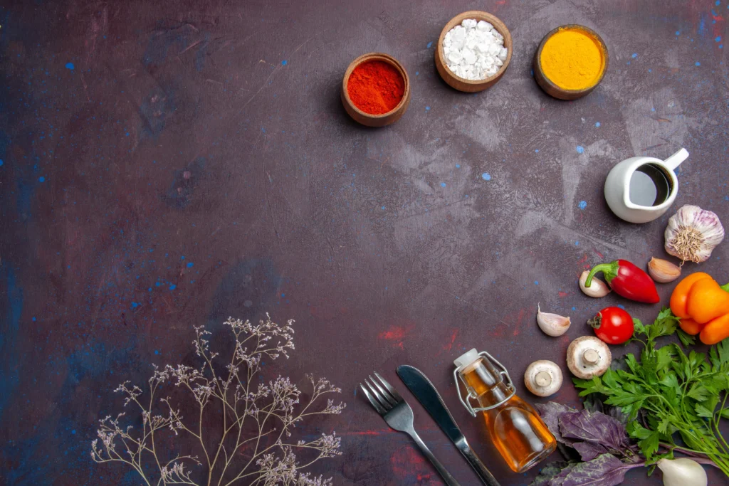top view different seasonings with fresh vegetables dark surface food spicy pepper salad health